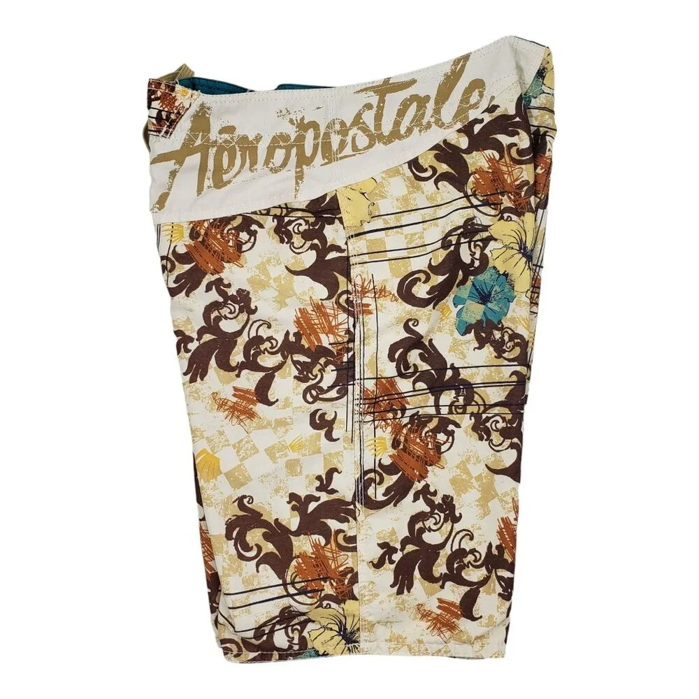 Aeropostale Aero Surf Board Shorts Swim Trunks Tropical Hawaiian Tan Mens Size M
